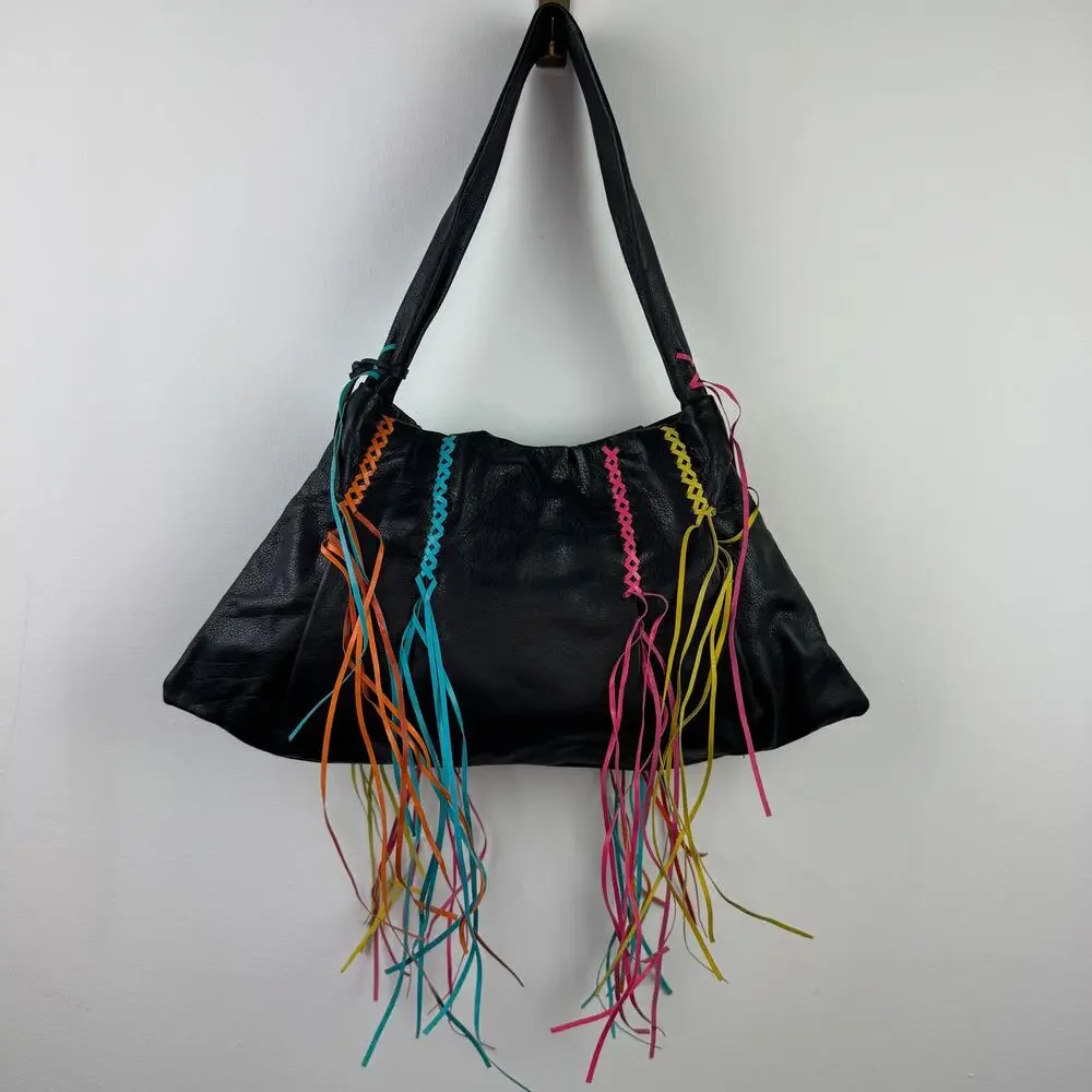 Vintage Y2k 90's Sharif Studio Handbag Black Braided Leather Fringe Hobo Bag